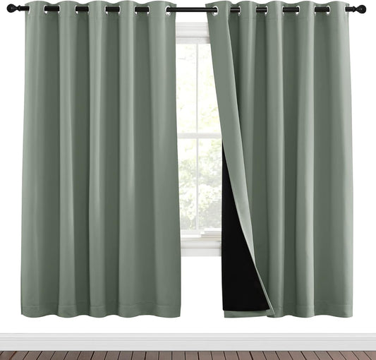 NICETOWN 100% Blackout Window Curtain Panels, Full Light Blocking Drapes with Black Liner for Nursery, 72-inch Drop Thermal Insulated Draperies (Greyish Green, 2 Pieces, 70-inch Wide Per Panel)