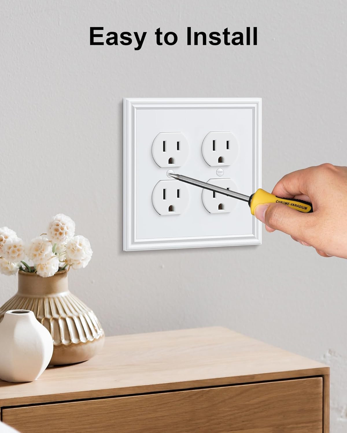 2-Pack Double Duplex Outlet Cover, Pure White Decorative Switch Plates and Outlet Covers for Electrical Outlets, Durable Zinc Alloy Wall Plates, 2 Gang Receptacle Cover, Corrosion Resistant