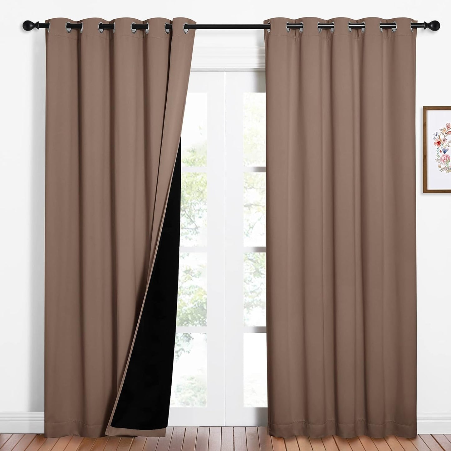 NICETOWN Warm Curtains for Winter, 100% Blackout Curtains Thermal, Noise Reduction and Privacy Curtains for Patio Door, Black Lined Blackout Drapes with Grommet Top, Cappuccino, 1 Pair, W62 x L84