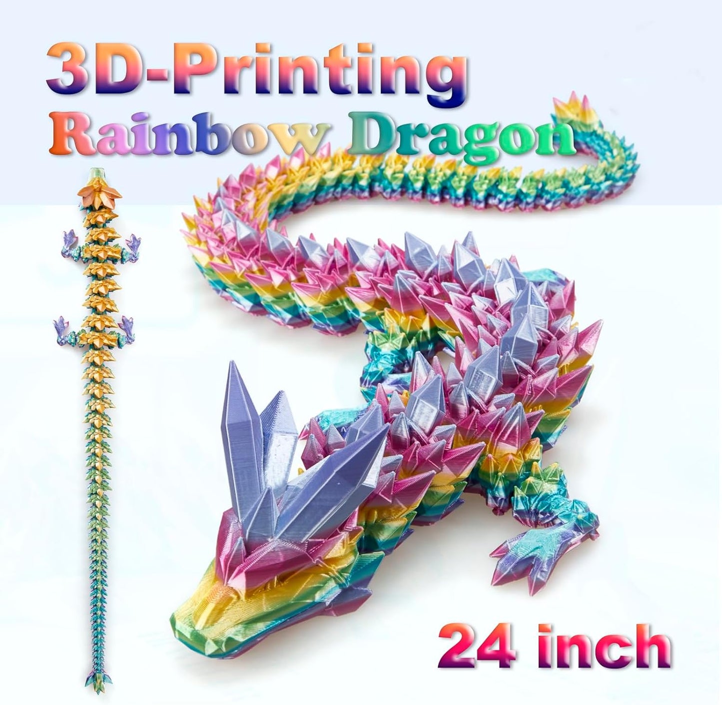 Large 24" 3D Printed Dragon,Articulated Crystal Dragon,3D Dragon Toy,Dragon Collection, Executive Desk Decor (Rainbow)