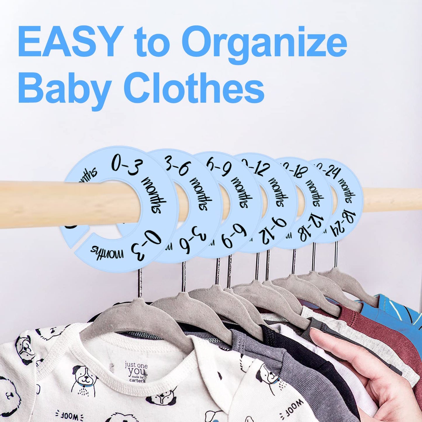 Pro Goleem Baby Closet Dividers Blue Baby Closet Organizer for Nursery Baby Clothes Size Age Dividers Fits 1.5" Rod 6 PCS