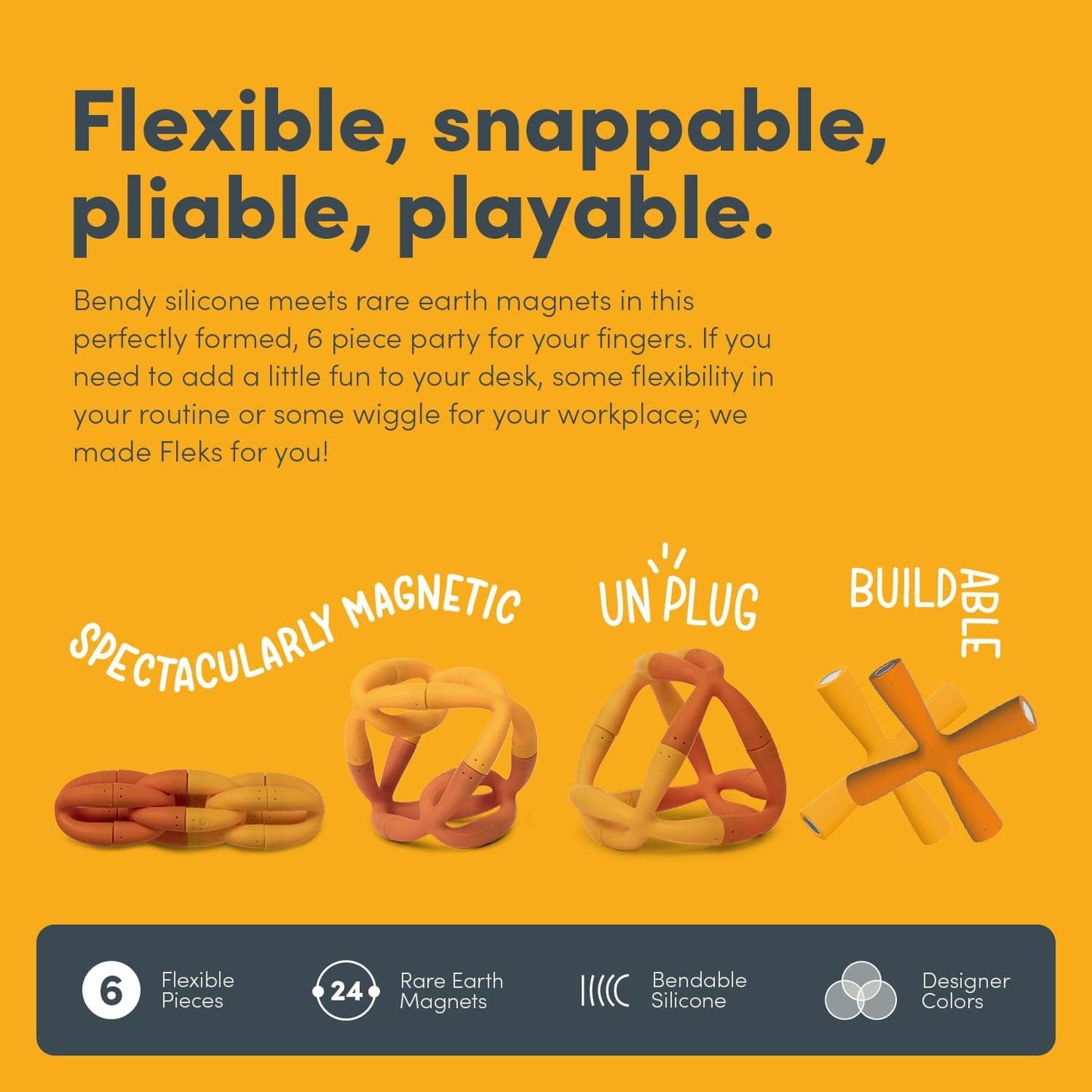 Speks Fleks Silicone 6-Piece Building Set - Marigold - Fun Desk Toy for Adults