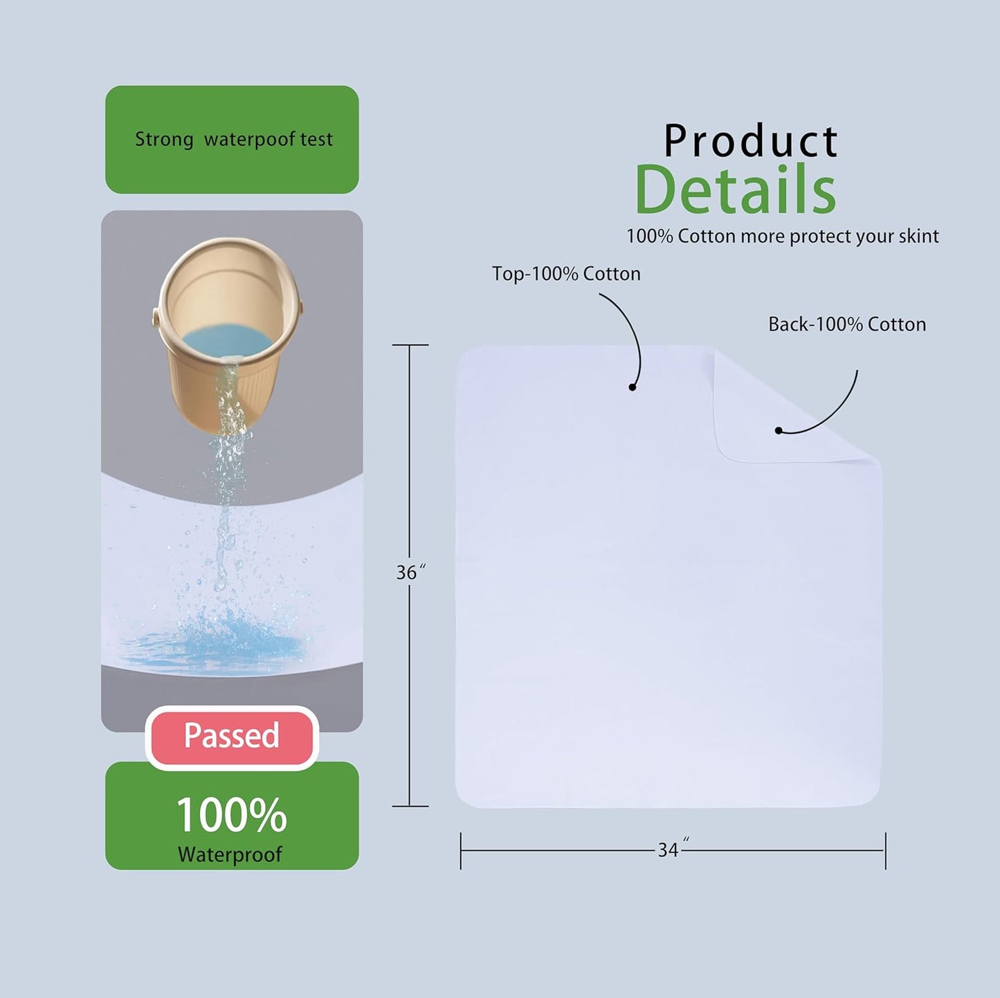 Washable Underpads, 34" x 36" (Pack of 2) Extra Heavy Absorbency ,100% Waterproof Mattress Protector,Flannel Cotton Underpads for Kids, Adults,Pets,Bed, Couch, Sofa, Floor,Home