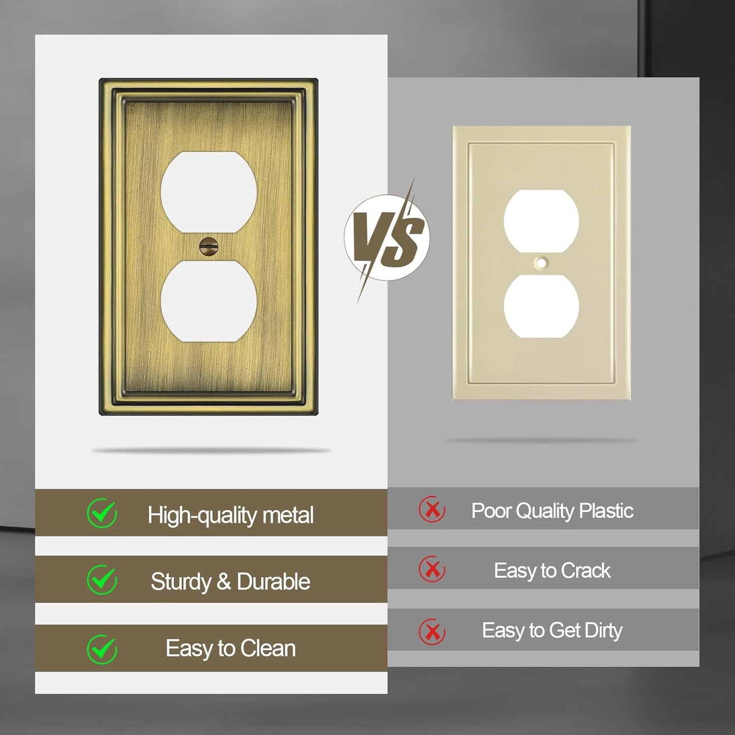 6 Pack Duplex Outlet Covers Wall Plates, Antique Brass Metal Electric Receptacle Cover, Classic Decorative Switch Plate and Outlet Cover, 1 Gang Wall Plate for Electrical Outlets