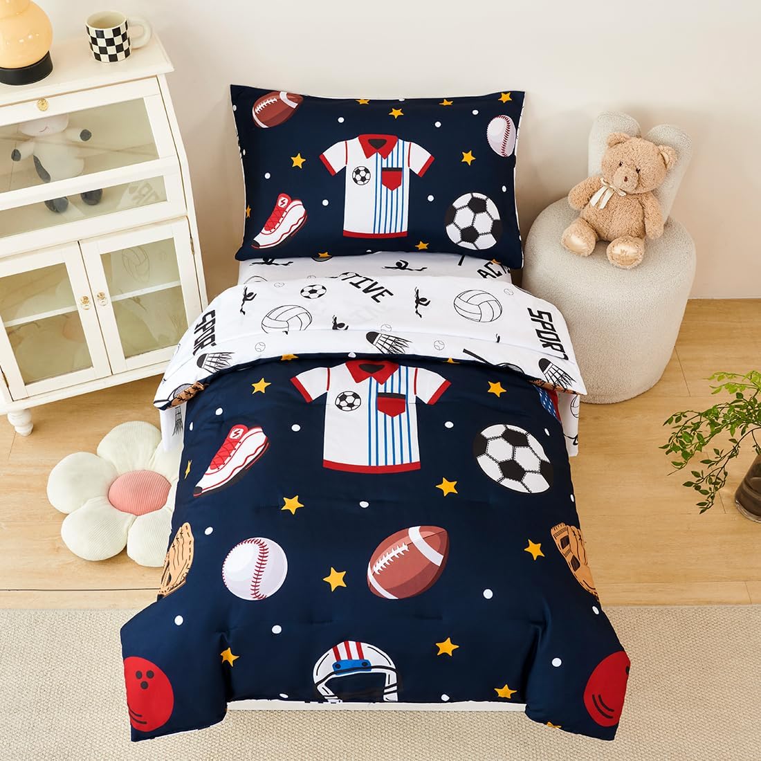 PERFEMET Sports Bedding Set Twin Size 4 Pcs Reversible Ball Sport Theme Comforter Set for Boys Girls Soft Reversible Navy Blue Baseball Football Kids Bed in a Bag(Sport, Twin)