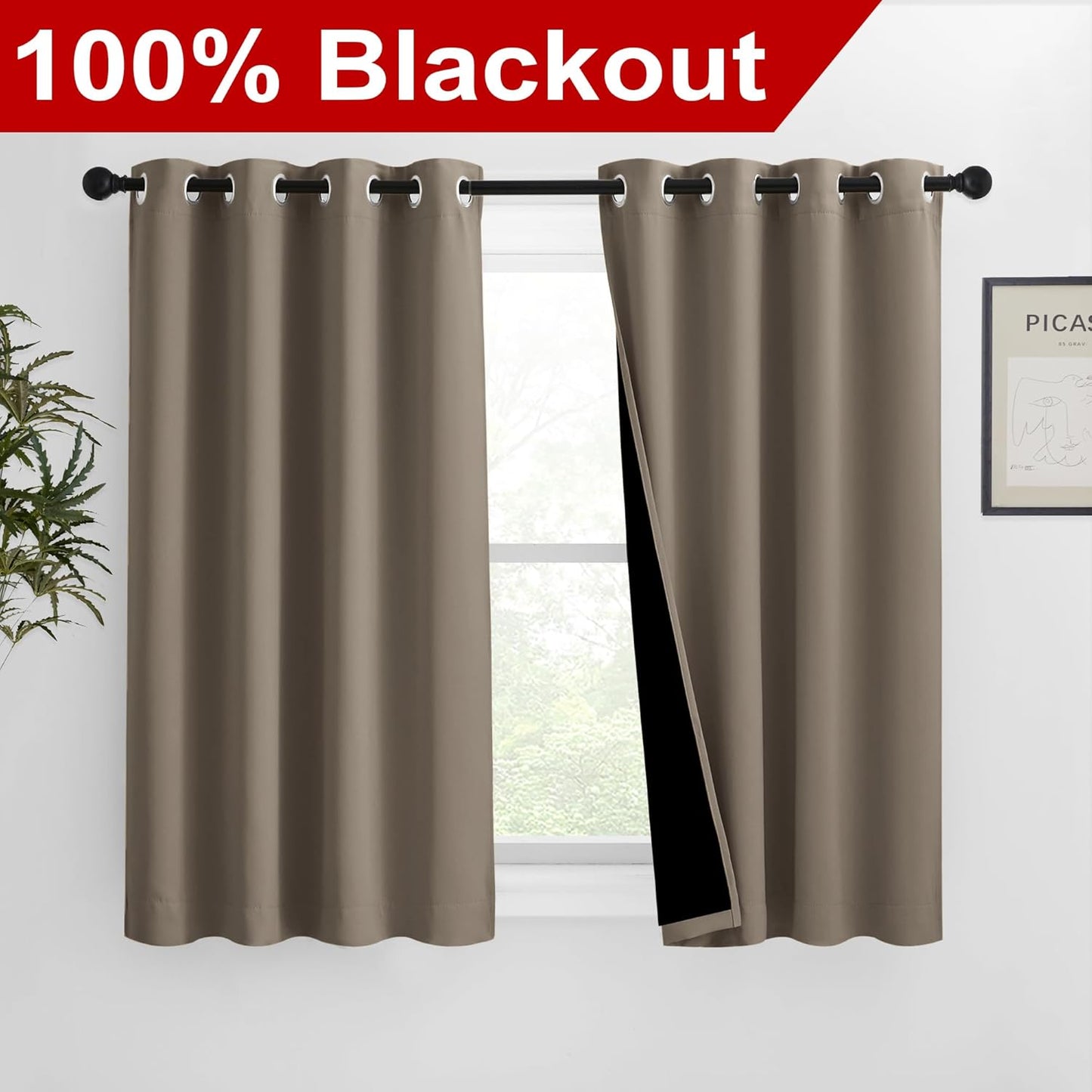 NICETOWN 100% Blackout Blinds, Set of 2, 46 inches x 45 inches, Laundry Room Decor Window Treatment Curtains for Large Patio Sliding Door, Thermal Insulated Taupe Curtains for Bedroom
