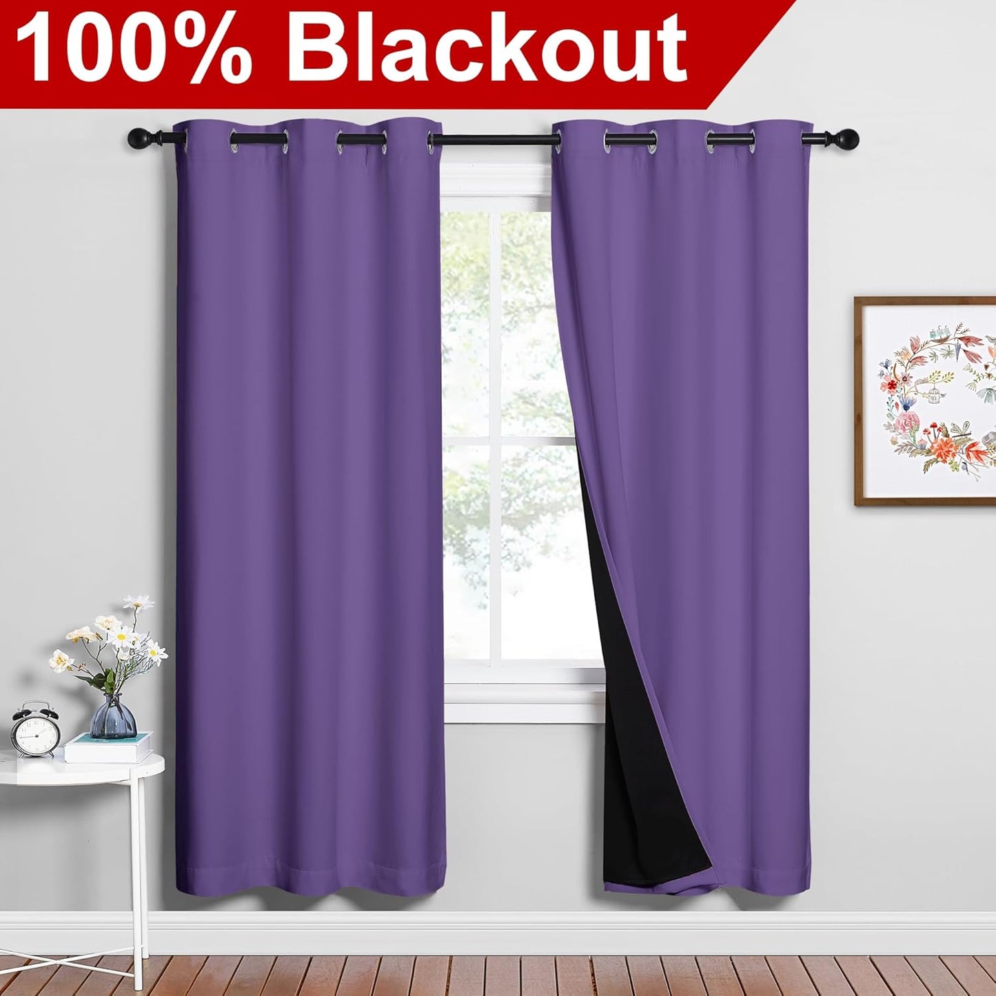 NICETOWN Lilac Purple Full Shade Curtain Panels, Pair of Energy Smart & Noise Blocking Out Blackout Drapes for Dining Room Window, Thermal Insulated Guest Room Lined Window Dressing(42 x 72 inch)