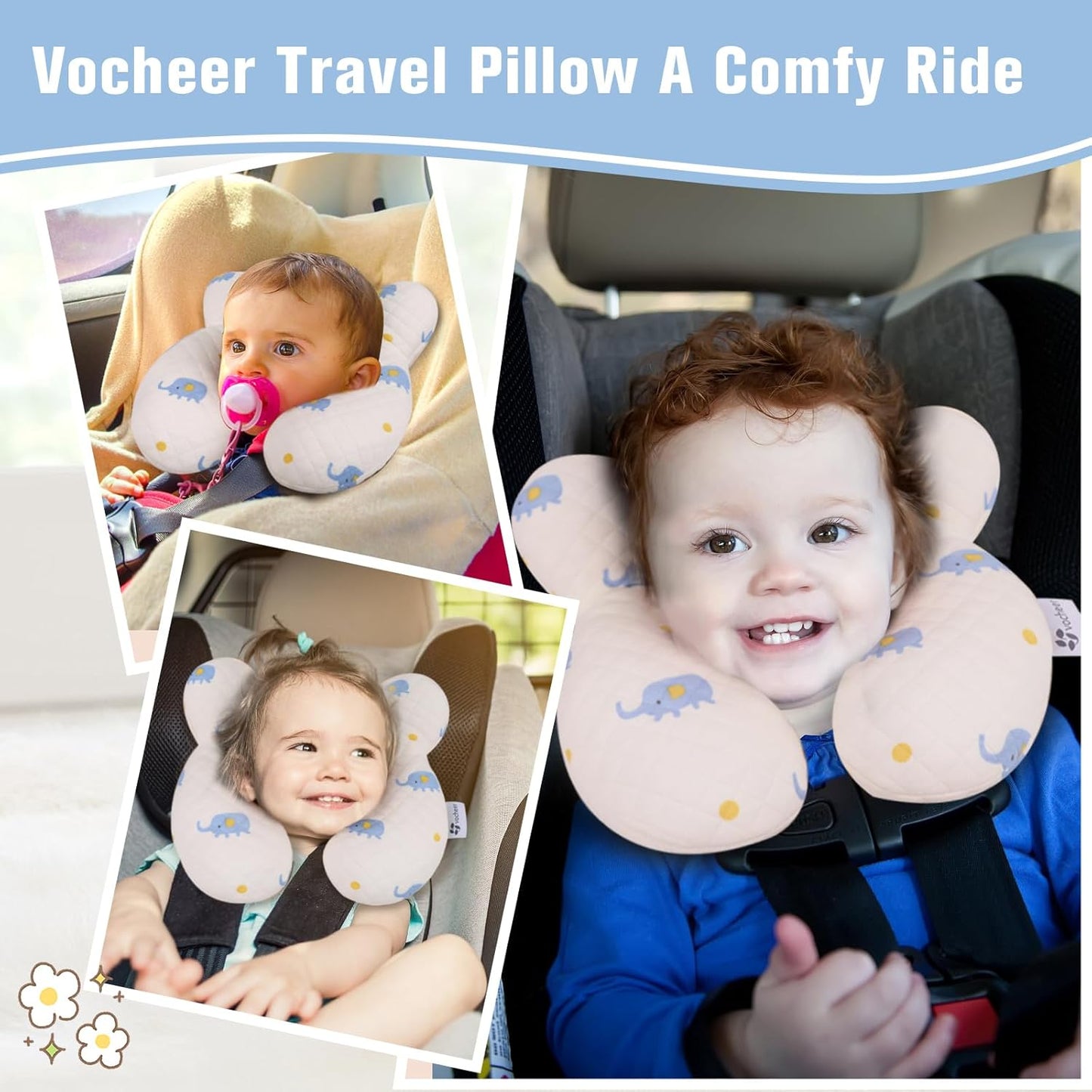 vocheer Baby Neck Pillow(Upgraded),Cotton, Baby Support Pillow, Car Seat Pillows for Newborn, Carseat Head and Body Support, Infant Travel Pillows for Prams, Pushchair, Stroller, Bouncer, Elephant