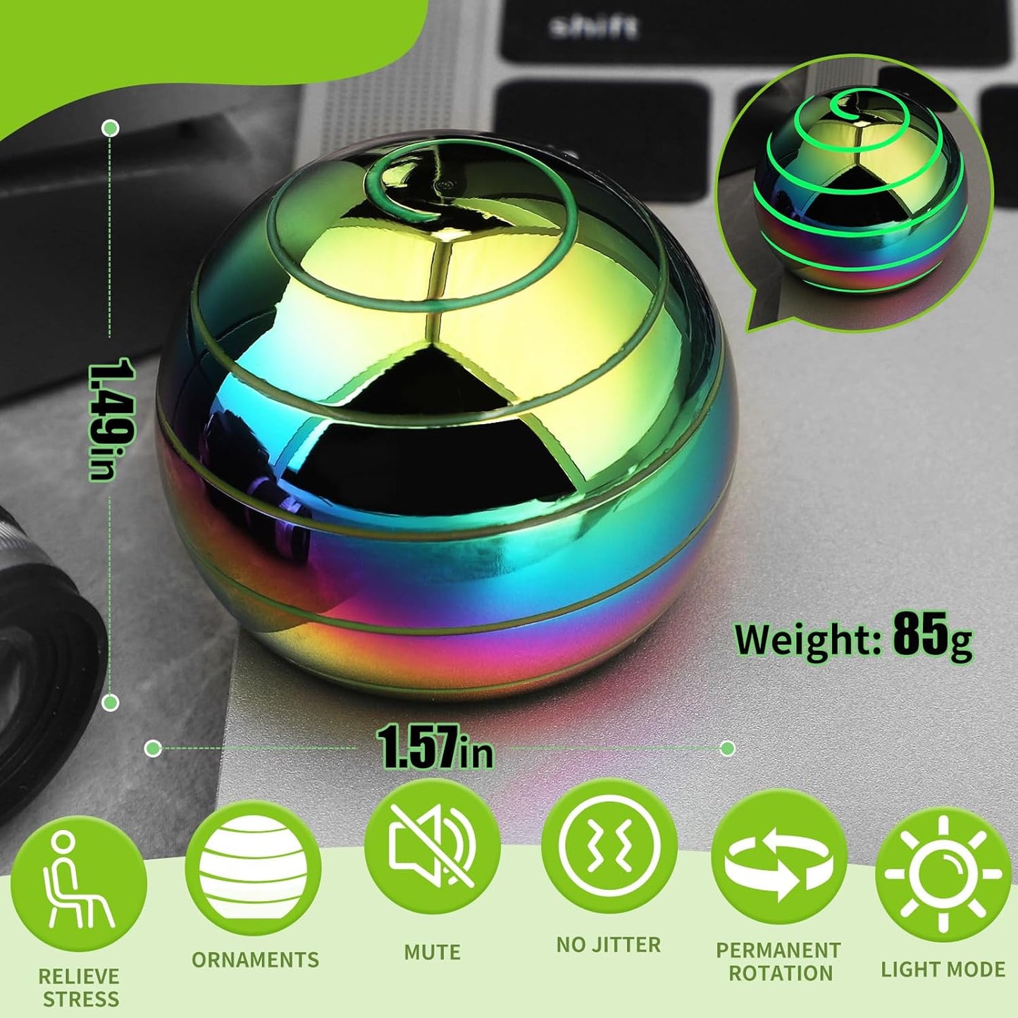 Kinetic Fidget Spinner Lumious Desk Toy for Kids Adults, Cool Optical Illusion Gadget Metal Stress Relief Gyro Ball, Easter Egg Stuffer Birthday Party Gift for Age 3-12 5-16 (Rainbow-Green Light)