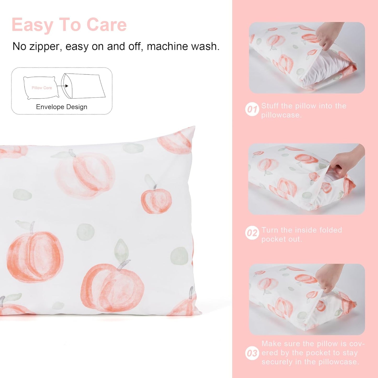 TILLYOU Toddler Pillowcases 13 x 18 Travel Pillow Case 2 Pack, Kids Pillowcases Machine Washable with Envelope Closure, Peach dot & Light Green