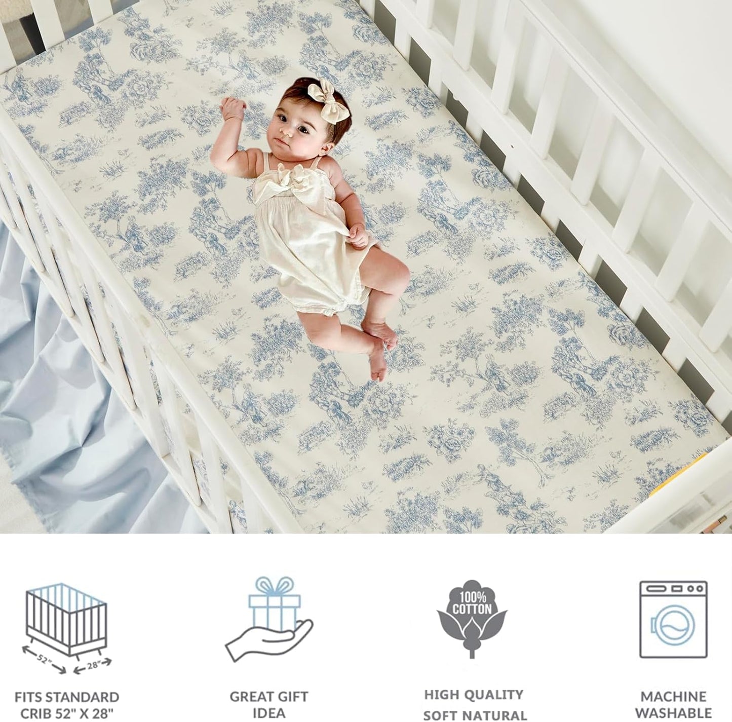 Brandream 3 Pieces French Country Toile Crib Bedding Set for Girls Vintage Blue Toile Floral Print 100% Cotton Baby Girl Nursery Bedding Collection - Ruffles Quilt,Toile Crib Sheet,Crib Bed Skirt