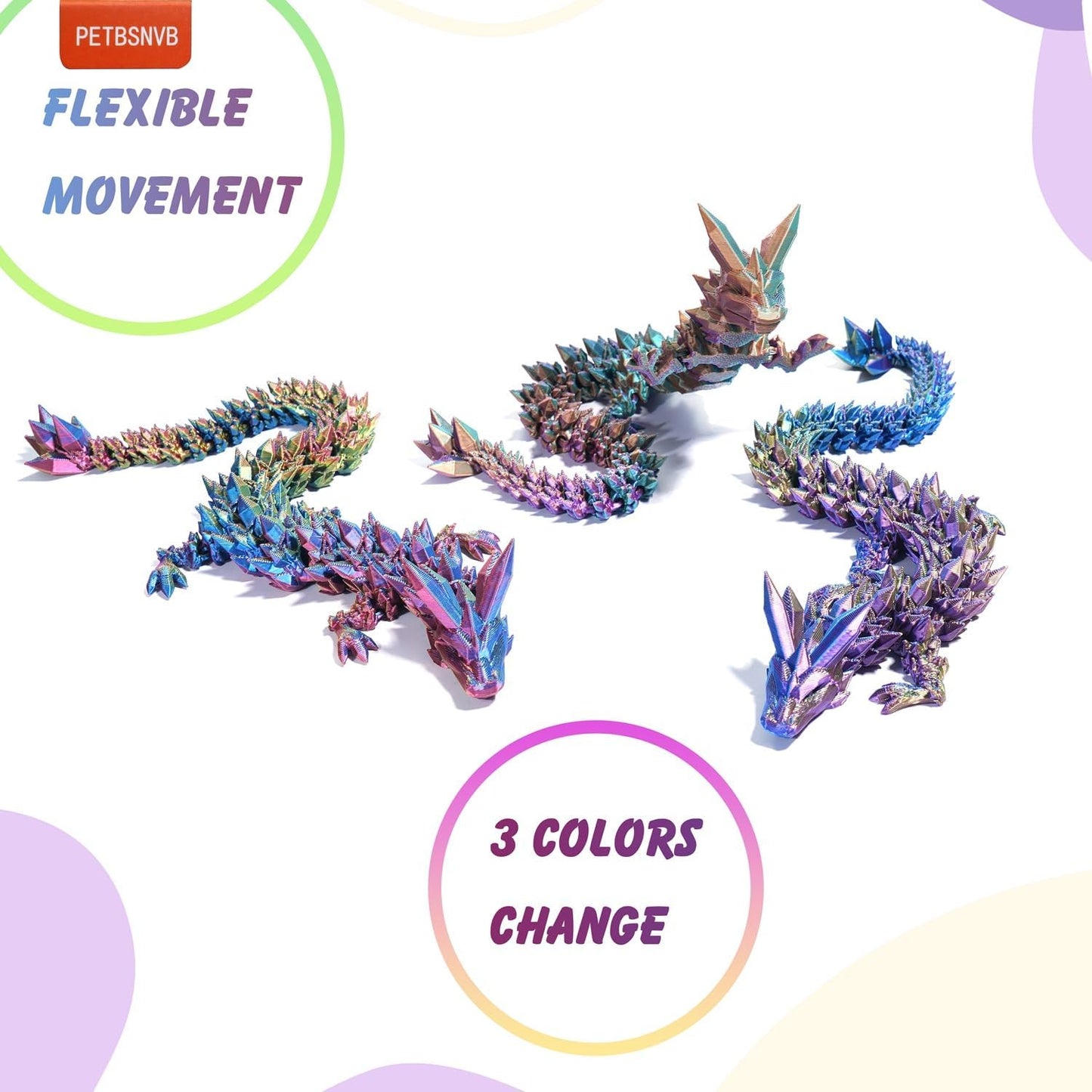 Three Color 12" 3D Printed Dragon, Articulated Dragon, Crystal Dragon, Dragon Fidget toy, Home Office Decor Executive Desk Toy (Purple Head)