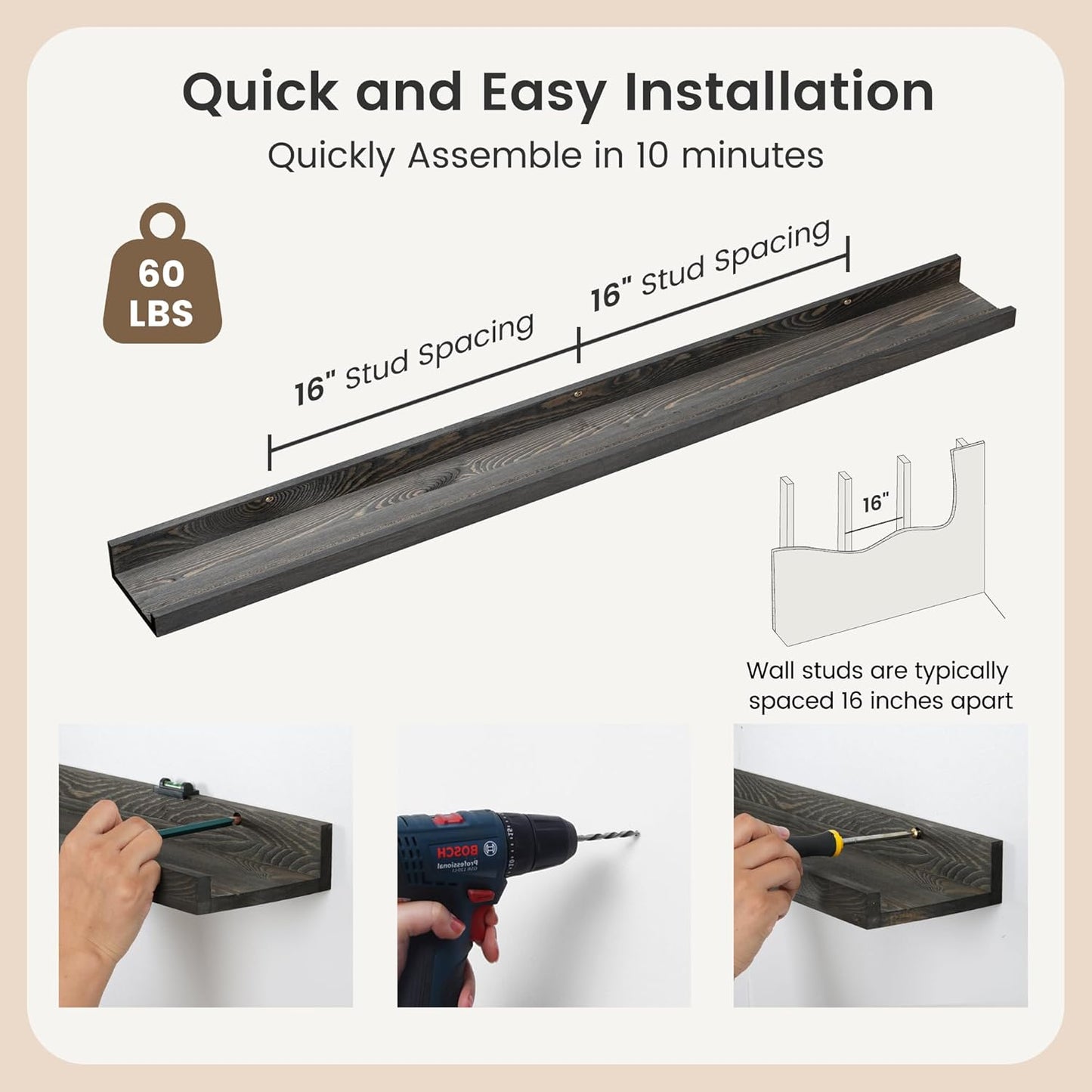 48 Inch Long Floating Shelves for Wall, Solid Pine Wood Picture Ledge Shelves with Lips, Nursery Book Shelves for Toys Storage Living Room Bedroom Photo Frames (2 Pcs, Grey)