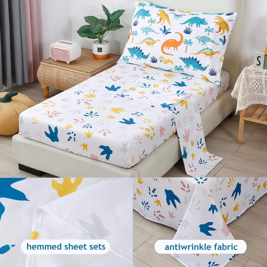 PERFEMET 4 Pieces Toddler Bedding Set Cartoon Dinosaur Print Comforter Sheet Set for Boys Microfiber Soft Toddler Comforter Set Includes Comforter, Flat Sheet, Fitted Sheet and Pillowcase, Colorful