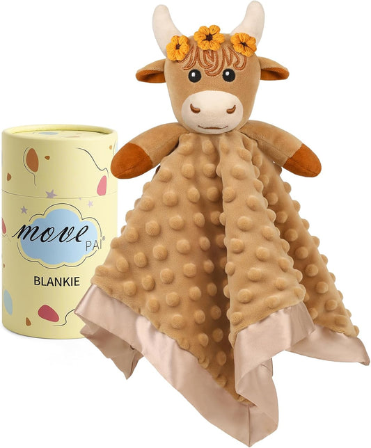 Loveys for Babies, Soft Baby Security Blanket Lovies for Babies, Stuffed Animals Blankie for Newborn Infant with Baby Snuggle Toy, Gilrs Gifts Highland Cow Security Blanket 16 Inch
