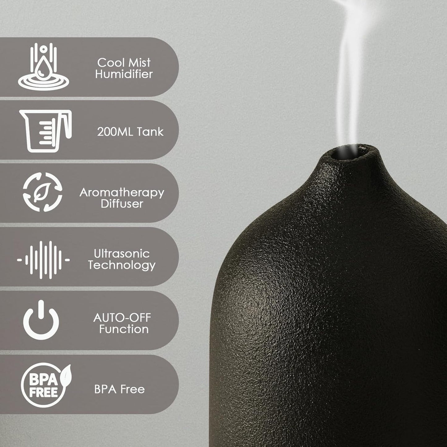 Diffuserlove Ceramic Diffuser Essential Oil Diffusers Aromatherapy Essential Oil Diffuser for Room Air Diffuser for Home Bedroom Stone Diffuser Black