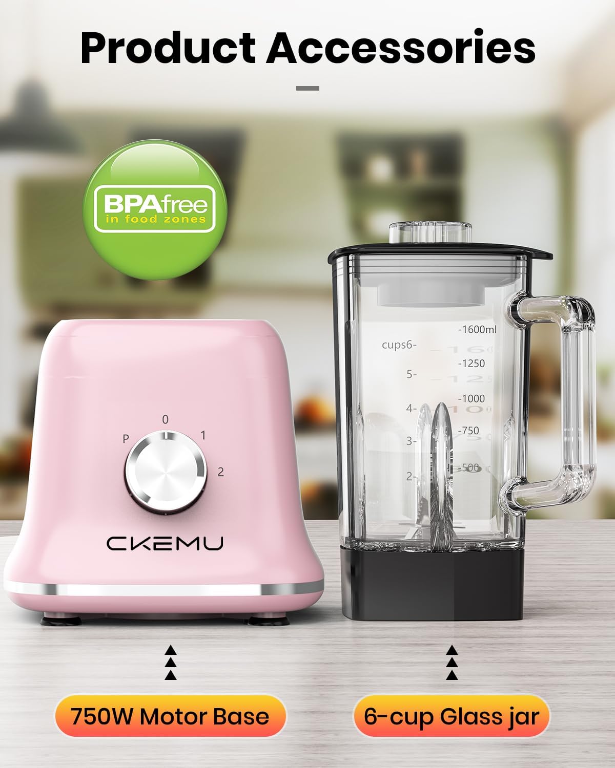 Professional Blender For Smoothies, 58 Oz Glass Jar, Glass Blender Including Puree & Crush Ice Functions, 750 Watts, B02 (Macaroon Pink)