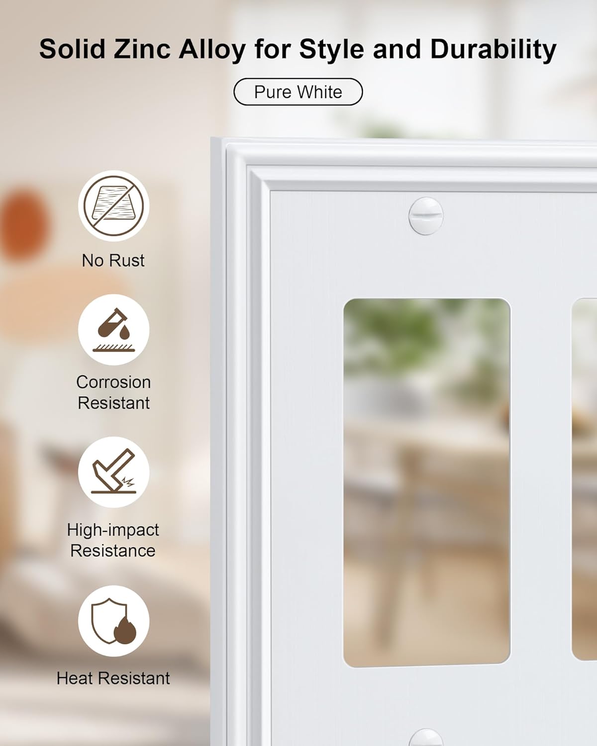 2-Pack Quad Decorator Outlet Cover Plate, Zinc Alloy Decorative Pure White Switch Plates and Outlet Covers, 4 Gang Wall Plates for Electrical Outlets, Receptacle, GFCI Outlet, Dimmer Switch