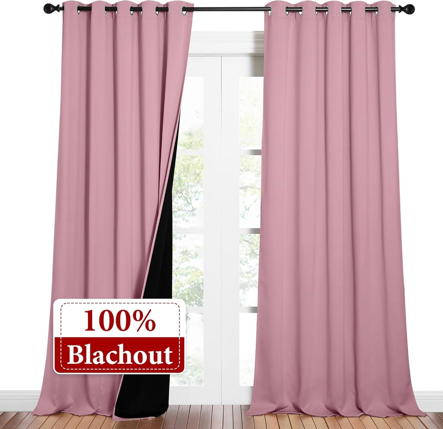 NICETOWN Total Shade Curtains and Draperies, Heavy-Duty Full Light Shading Drapes with Black Liner Backing for Villa/Hall/Dorm Window（Crystal Pink, Package of 2 Panels, 62 inches Wide x 95 inches Long