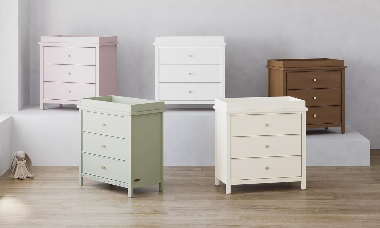 Graco Sasha 3-Drawer Chest with Changing Table Topper (Sage) – GREENGUARD Gold Certified, Nursery Bedroom Wood Chest with Spacious Storage, Interlocking Drawer System, Pre-Installed Tracks