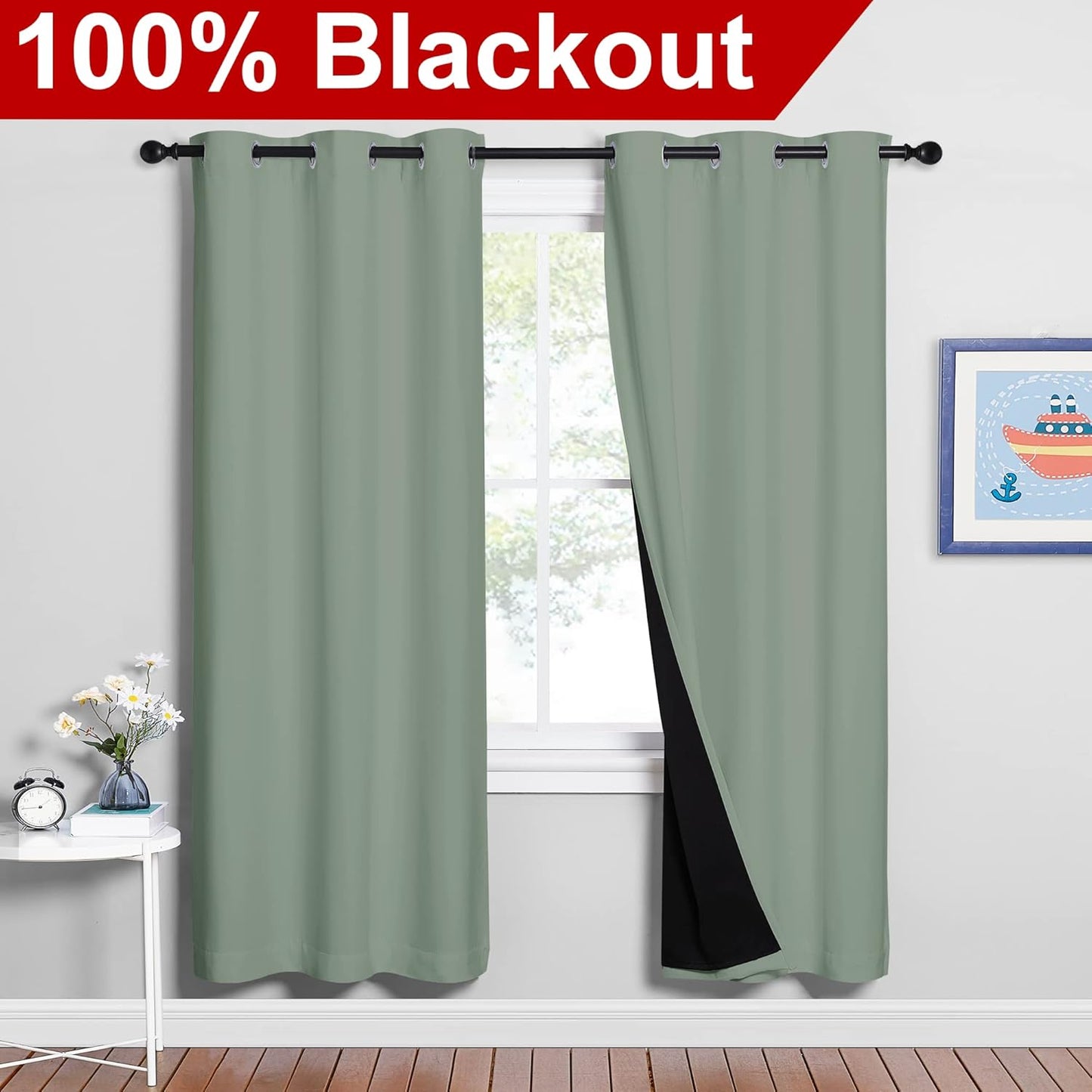 NICETOWN 100% Blackout Window Curtain Panels, Full Light Blocking Drapes with Black Liner for Nursery, 72-inch Drop Thermal Insulated Draperies (Greyish Green, 2 Pieces, 42-inch Wide Per Panel)