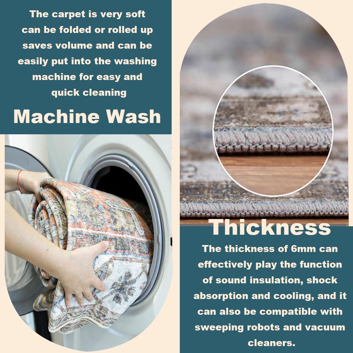 Washable Area Rug Vintage 6'x9' Light Traditional Floor Cover Thin Rug Retro Kitchen Indoor Distressed Non Slip Carpet Floral Print Mat Living Room Bedroom Dining Room