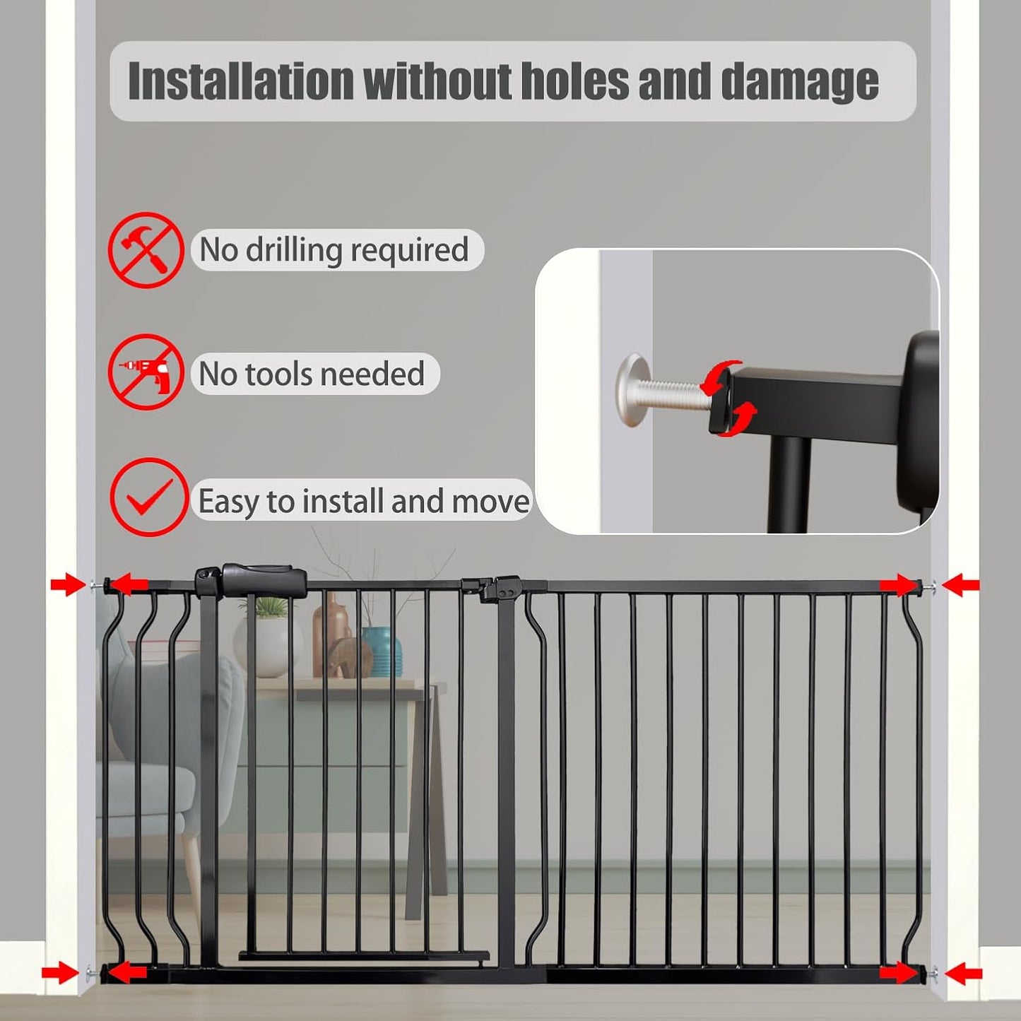 Extra Wide Baby Gates - 71.6-76.4 Inch, Black Metal Pressure Mounted Child & Pet Gates for Stairs & Doorways