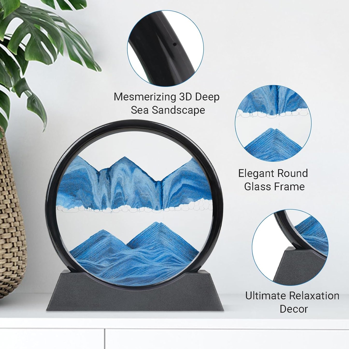 Drakswet Moving Sand Art Liquid Motion，Moving Sand Art Picture-3D Deep Sea Sandscape，Round Glass Frame Display Flowing Sand Relaxing Desktop Home Office Work Decor (Blue)