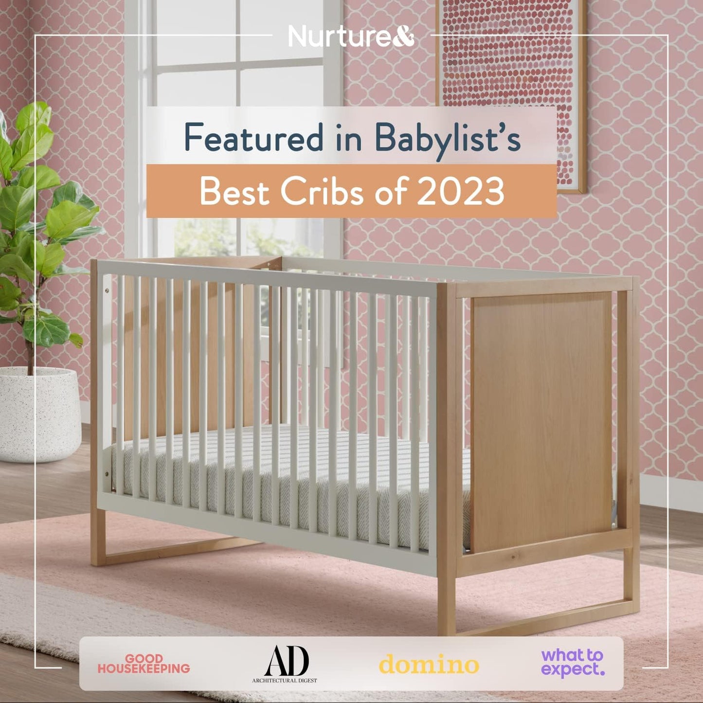 Nurture& The Crib - Baby, Toddler Convertible Crib | Sustainable Non-Toxic Materials | 3 Adjustable Heights - Grows with Your Baby (Toddler Guardrail NOT Included, Natural)