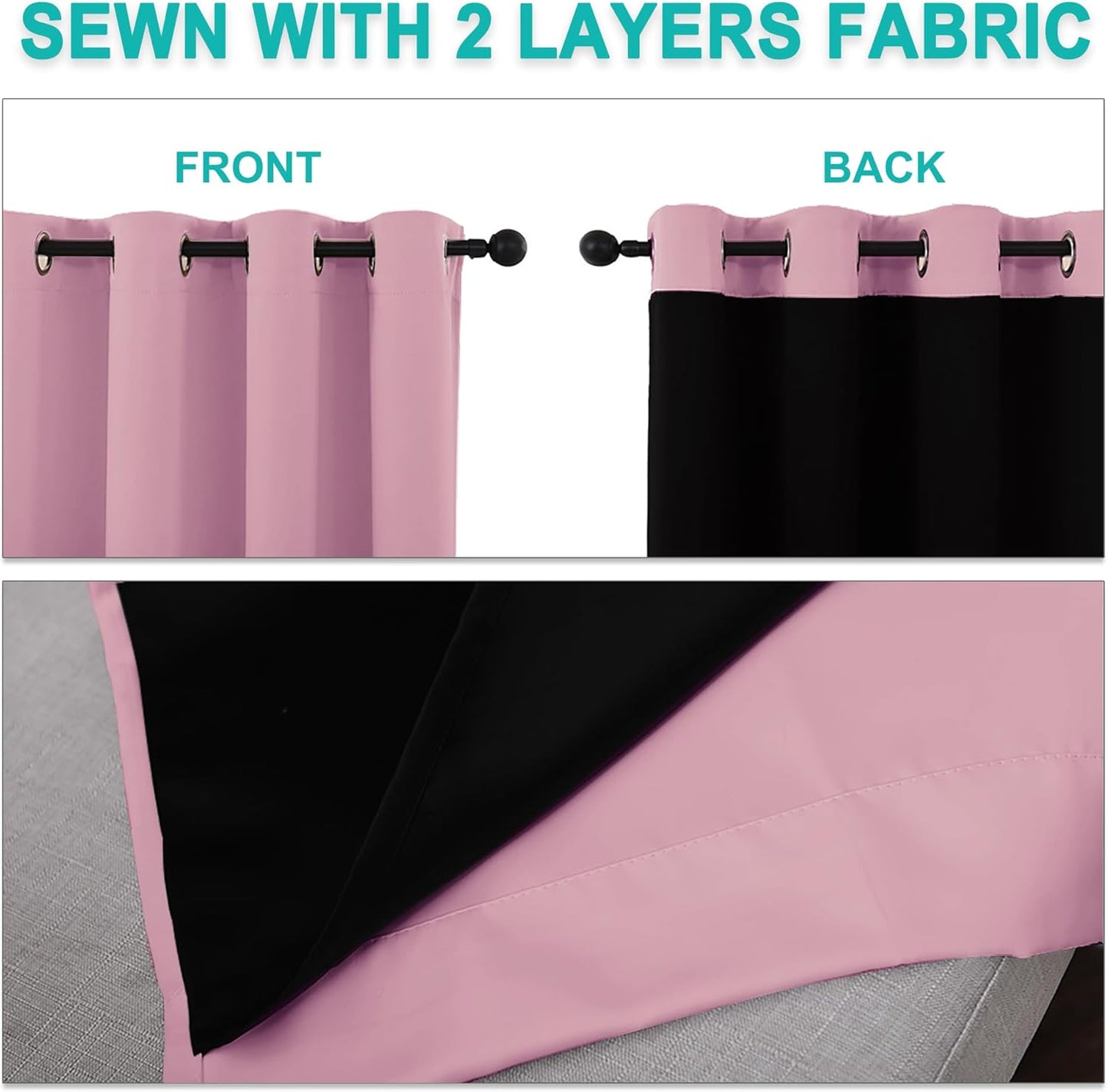 NICETOWN 100% Blackout Curtains with Black Liners, Thermal Insulated Full Blackout 2-Layer Lined Drapes, Noise Cancellation Window Draperies for Dining Room (Crystal Pink, 2 Panels, 52" W by 54" L)