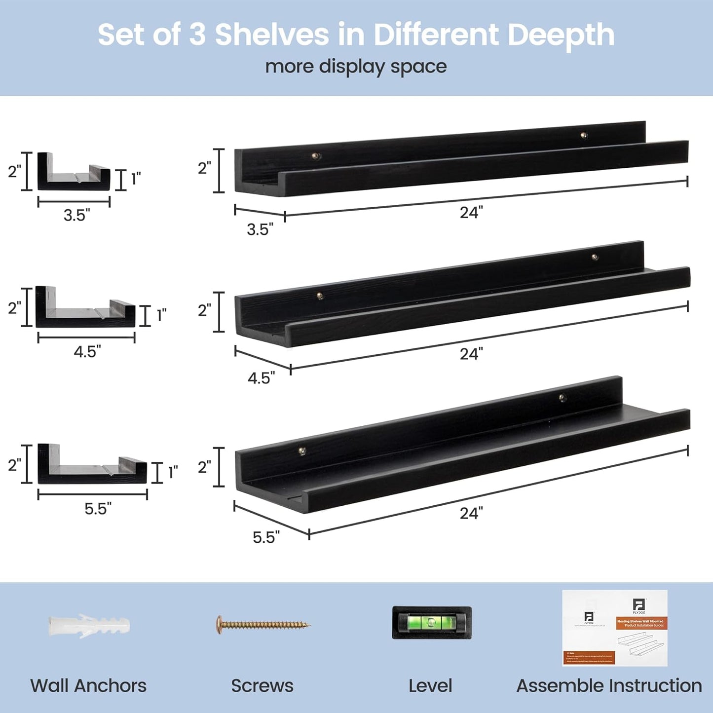 Picture Ledge Wall Shelves 24 inches Width Set of 3, Solid Pine Wood Rustic Floating Ledge Shelves for Kids' Room Bedroom Kitchen Bathroom Living Room Nursery Display Wall Decor, Black