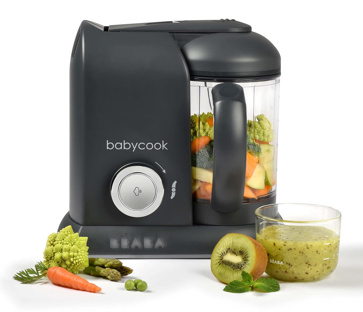 BEABA Babycook Solo 4 in 1 Baby Food Maker, Puree Steamer and Blender for Purees, Grinder with Auto Steam Cooking, Lrg Capacity 4.5 Cups 27 Servings in 20 Mins, Charcoal