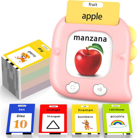 Kidzdo 520 Bilingual Spanish English Talking Flash Cards, Christmas Birthday Gifts for 2 3 4 5 6 Year Old Girls, Montessori Pocket Speech Therapy Toys, Portable Toddlers Toys for Ages 2-6 Kids, Pink