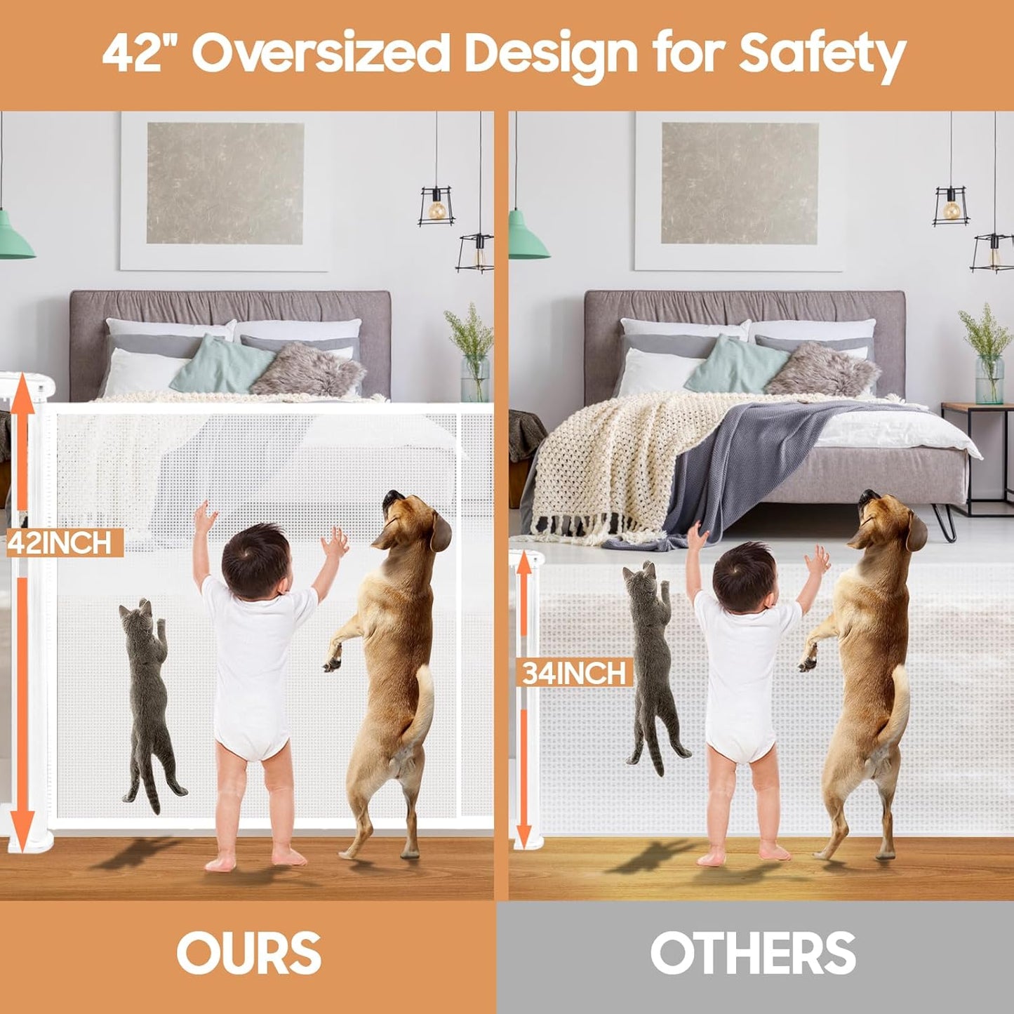 Retractable Baby Gates - 200" Extra Wide Retractable Dog Gate, 42" Extra Tall Mesh Gate Pet Gate with Support Rods, Long Child Safety Gate for Stairs Doorways Indoor Outdoor Large Openings - White