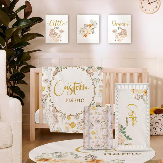 Personalized Baby Crib Bedding Set for Girls, Flower Design Custom Name Baby Crib Sets 5-Pcs, Toddler Double Layer Blanket Fitted Sheets Changing Pad Cover Rug Wall Art Set, Charming Nursery Decor