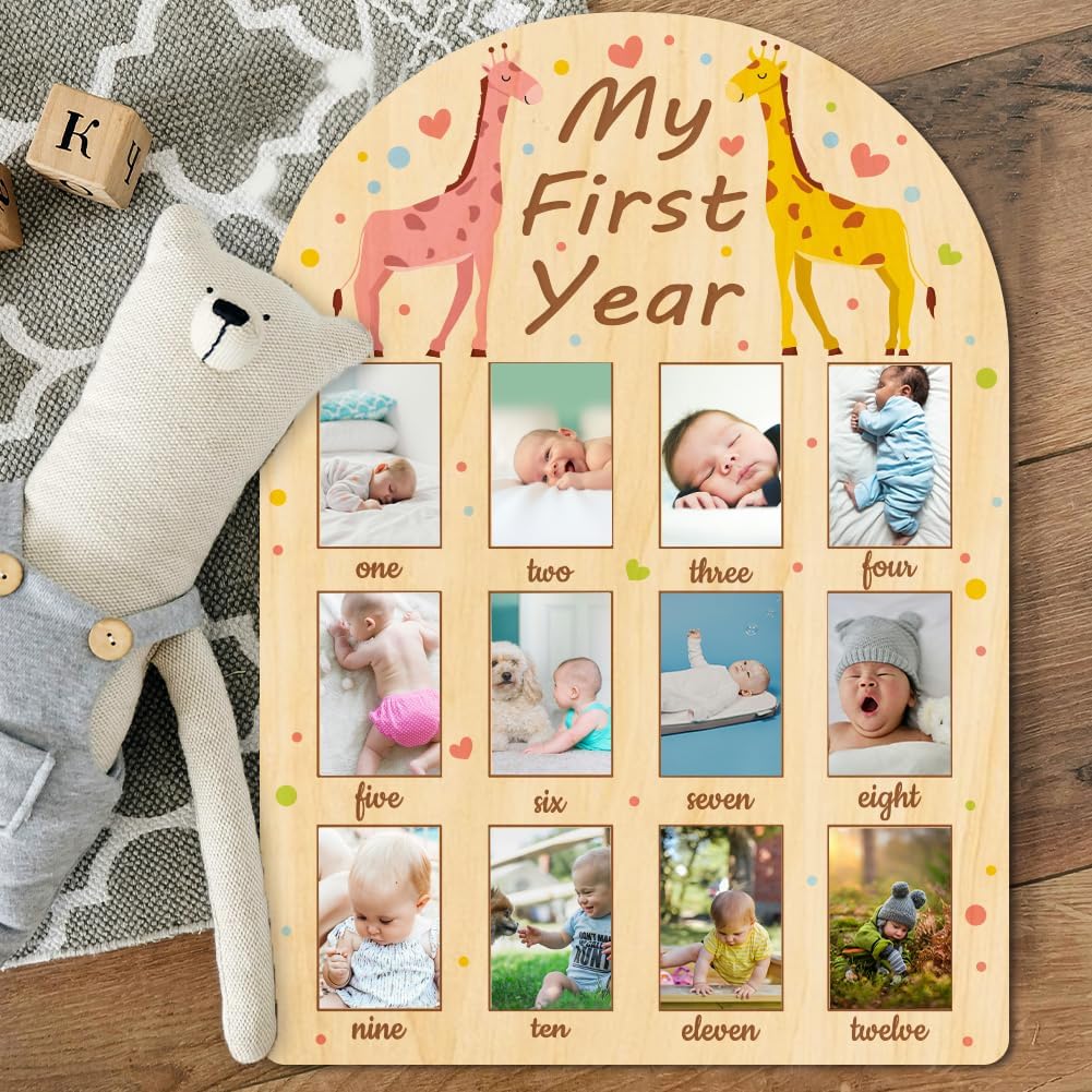 ORIGACH My First Year Baby Growth Photo Display Wood Board - 12 Months Newborn Milestones Photo Board - Neutral Baby Keepsake Frame 1st Birthday Party Nursery Decor New Mom Gift - Giraffe