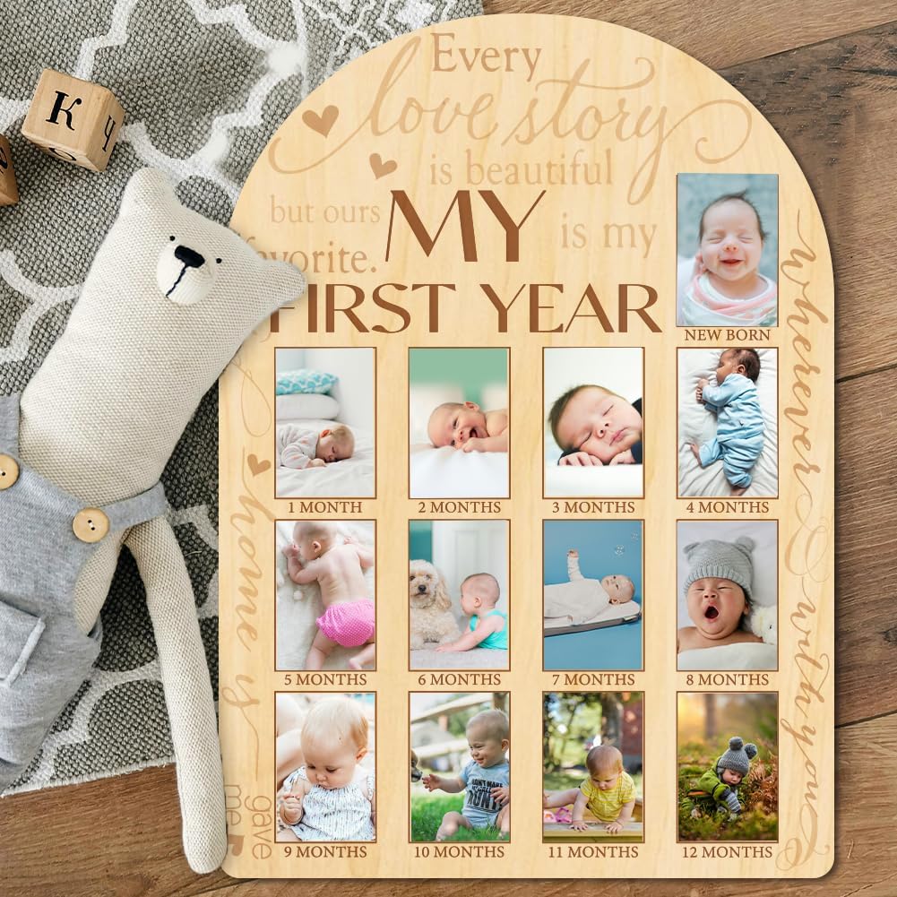 ORIGACH My First Year Baby Growth Photo Display Wood Board - 12 Months Newborn Milestones Photo Board - Neutral Baby Keepsake Board 1st Birthday Party Nursery Decor New Mom Gift - Sentiment Words