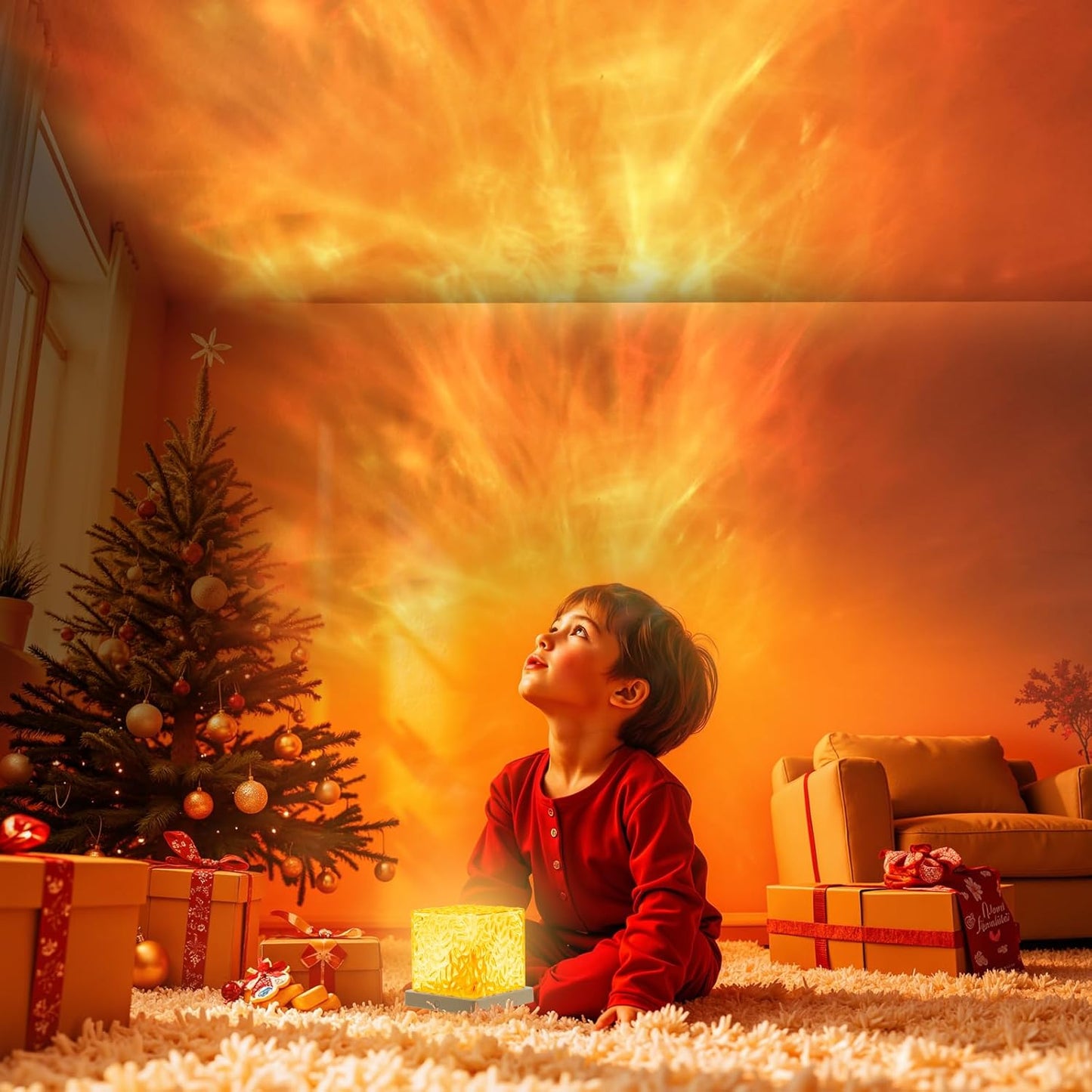 VoMii Ocean Wave Projector Light,16 Colors Luminorthe Cube Lamp with Dynamic Wave Effect,Northern Lights Projector Ambient Lighting with Remote for Bed Room Classroom Decor