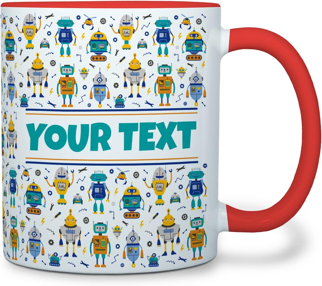 Personalized Mug for Kids - Robots - Custom Name/Text, Ceramic Hot Chocolate/Cocoa/Coffee Cup for Boys, Birthday/Christmas/Holiday Gift - 11 oz, Red Handle