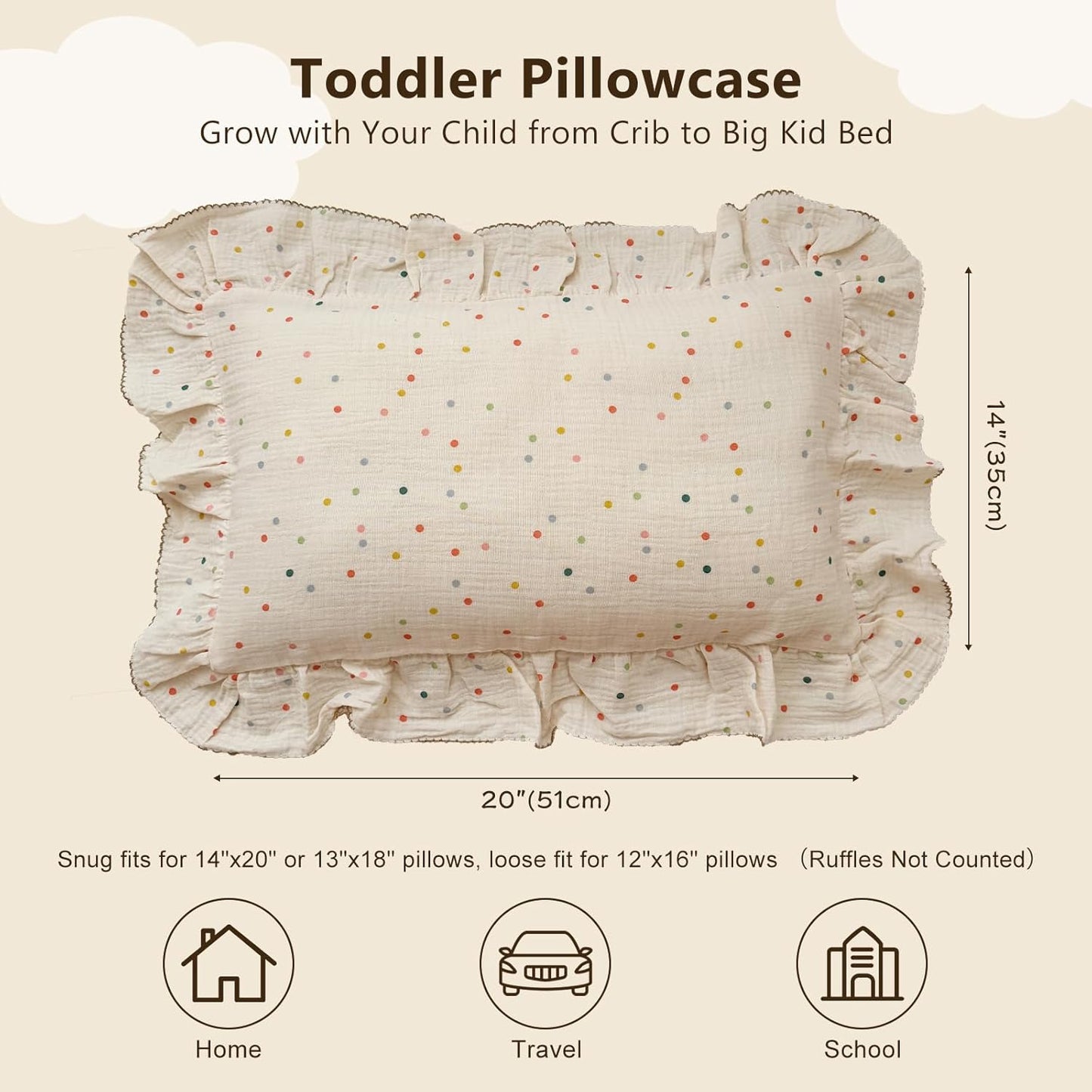BuLuTu Kids Toddler Pillowcases Muslin Cotton Toddler Pillow Cases Colorful Dots Pattern, Girls Boys Bedding Pillow Covers, Soft Breathable Pillow Protector Envelope Closure,1 Piece,14"x20"