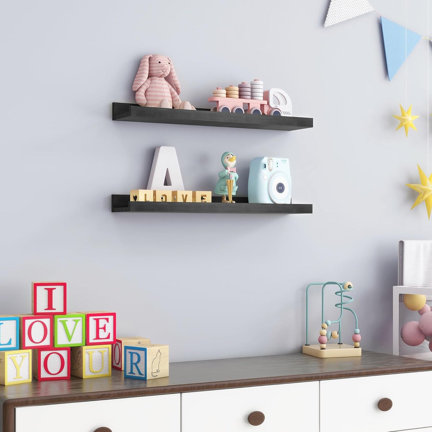 Picture Ledge Shelf for Wall, 24 inch Solid Pine Wood Nursery Book Shelves 2 Packs, Floating Ledge Shelves for Kids' Room Bedroom Bathroom Living Room Photo Frames Office Nursey Wall Decor, Black