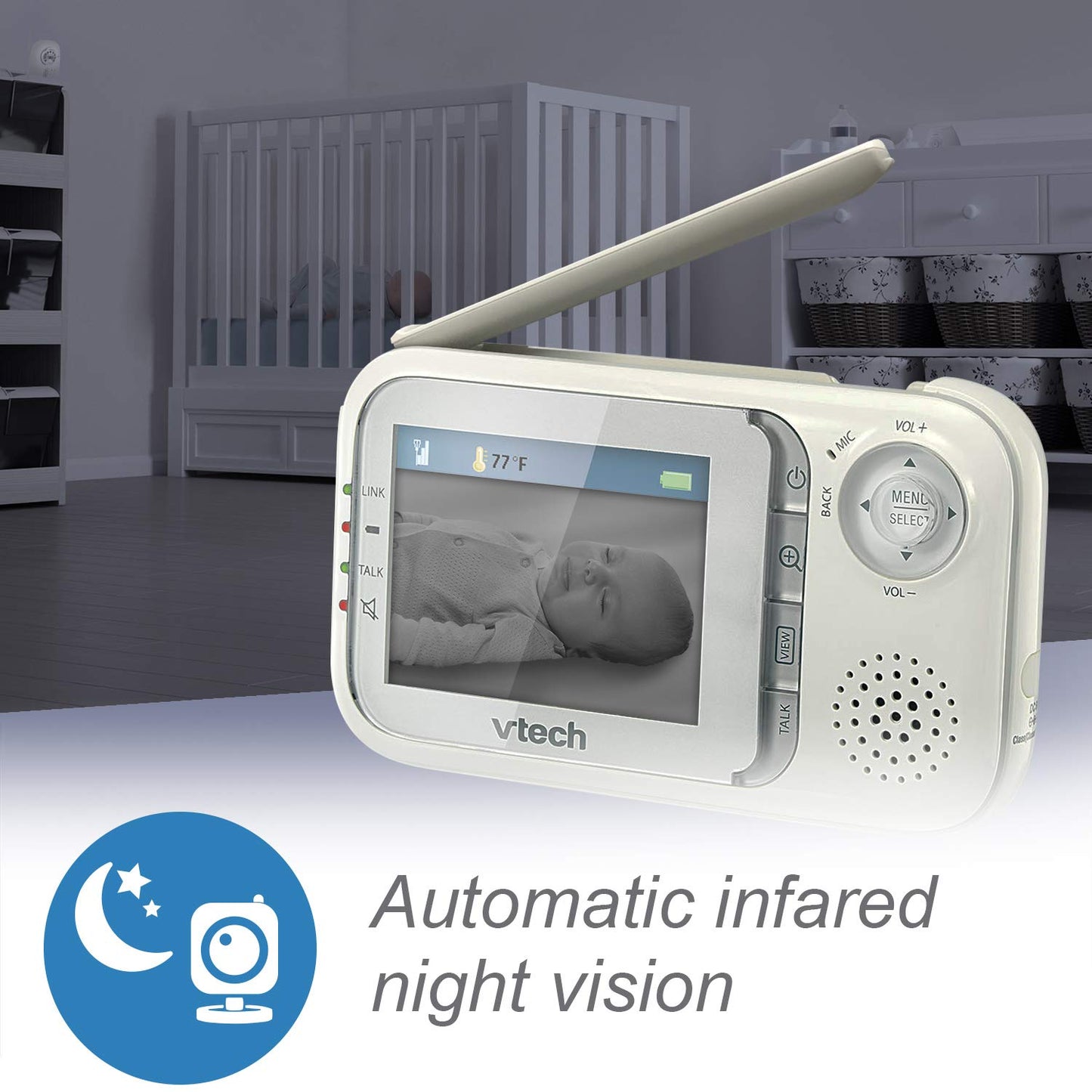 VTech VM321 Video Baby Monitor with Automatic Infrared Night Vision, Adjustable Camera, Zoom, 5 Soothing Lullabies & 1,000 Feet of Range