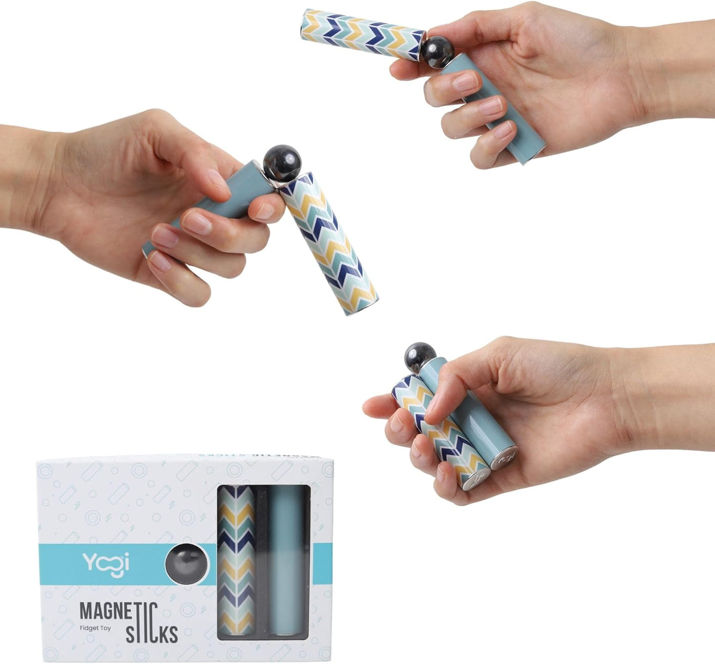 Yogi Magnetic Sticks - Premium Fidget Toys for Adults - Extremely Fun & Engaging, Uniquely Designed Magnetic Fidget Toy with Magnet Sticks and Ball, Ideal Desk Toy for Focus&Relaxation (Aqua Chevron)