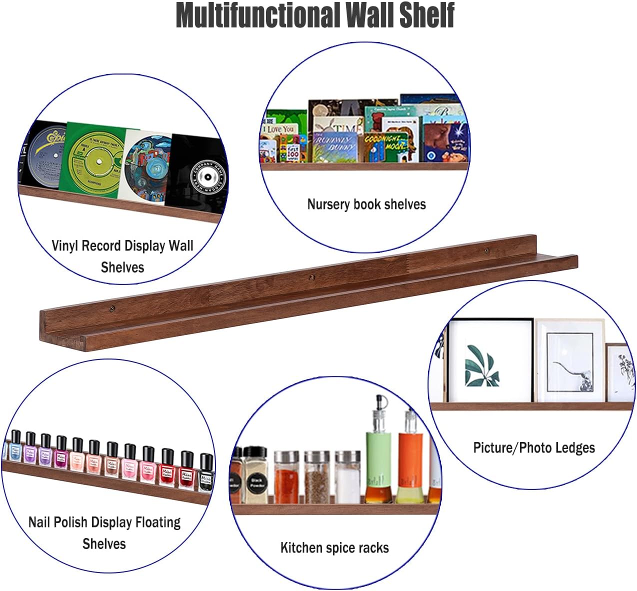 AZSKY Floating Wood Wall Shelves Light Walnut 48 Inch Long Hanging Picture Photo Ledge Shelf Rustic Modern Narrow Shelves for Wall Decor Storage and Display Nursery Book Shelves a Set of 3