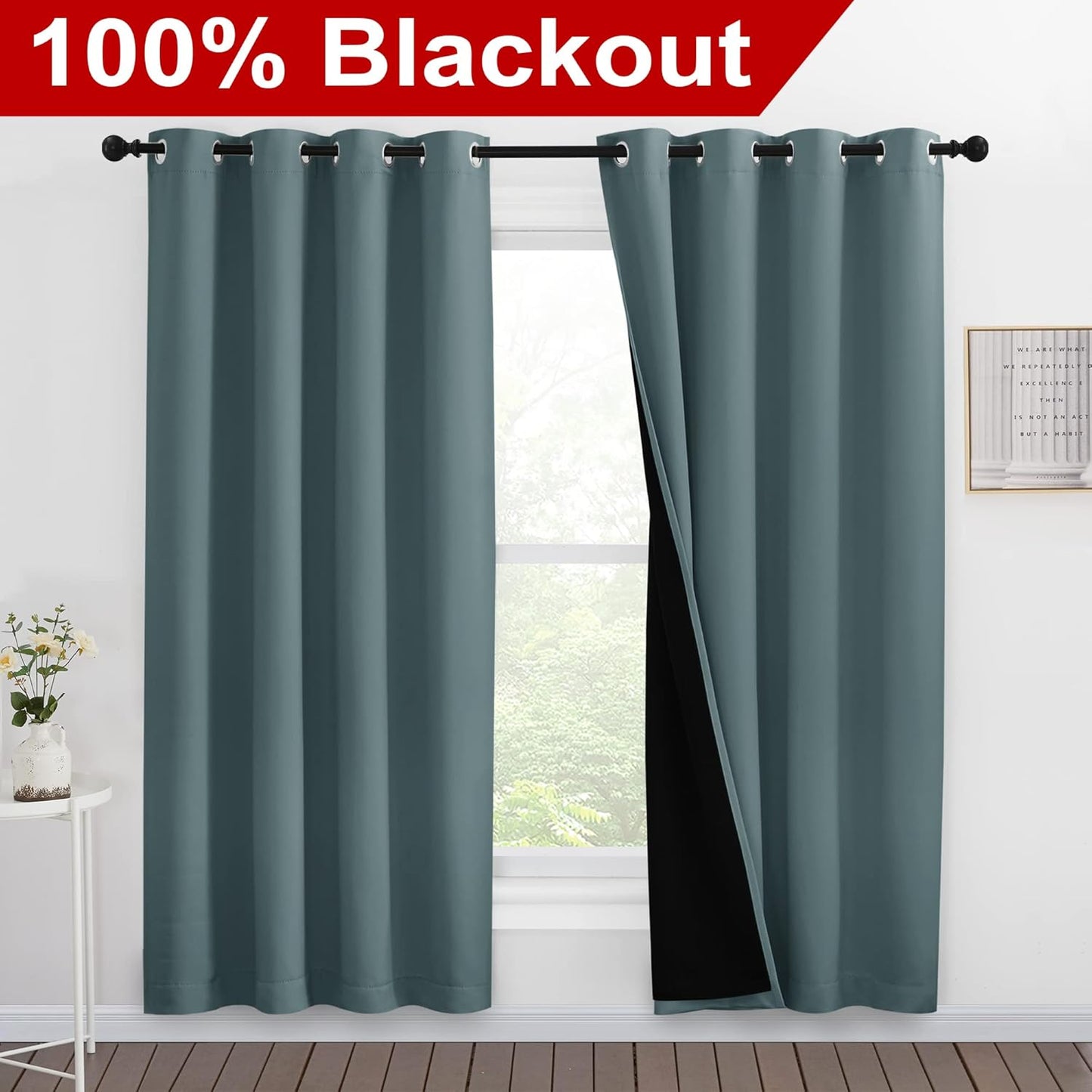 NICETOWN 100% Blackout Window Curtain Panels, Full Light Blocking Drapes with Black Liner for Nursery, 78-inch Drop Thermal Insulated Draperies (Greyish Blue, 2 Pieces, 55-inch Wide Per Panel)