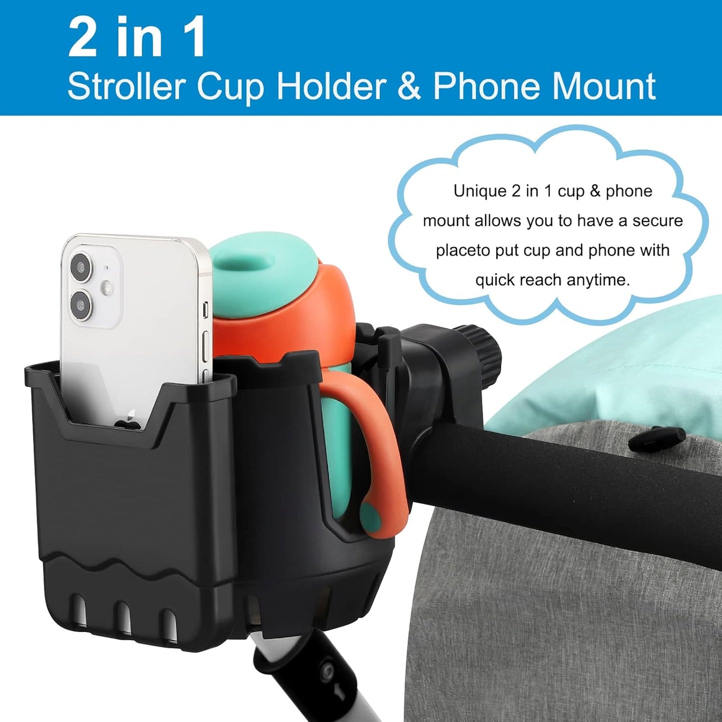Accmor Stroller Cup Holder with Phone Holder, Universal Cup Holder, Bike Cup Holder, 360° Rotatable Large Caliber Drinks Holder for Stroller, Bike, Wheelchair, Walker