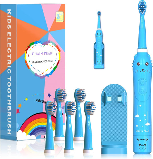 Kids Sonic Electric Toothbrush, Rechargeable Smart Toothbrush for Children Toothbrush for Toddlers Boys Girls Age 3-12 with 30s Reminder, 2 Mins Timer, 6 Modes, 6 Brush Heads, Wall-Mounted Holder