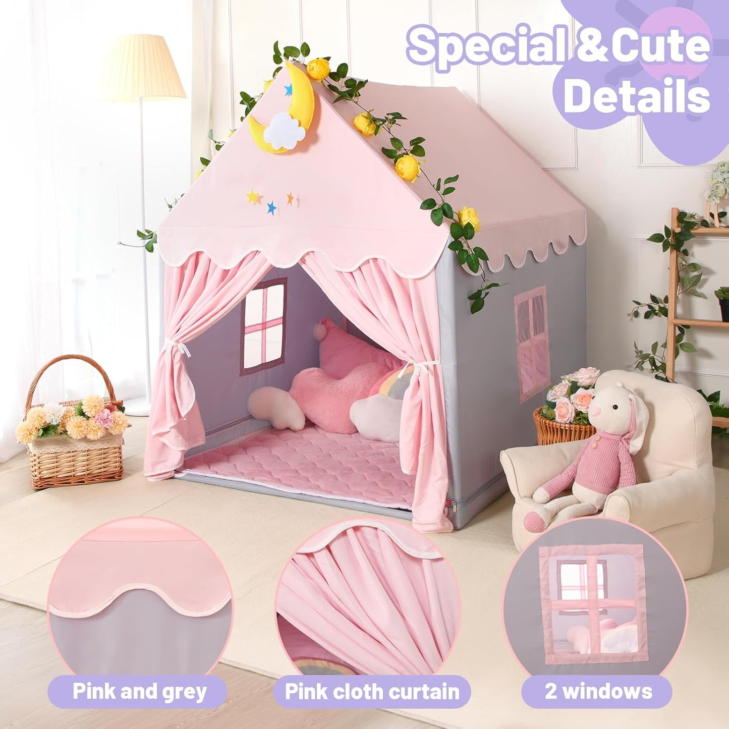 Wilwolfer Kid Tent with Mat, Star Lights - Kids Play Tents for Toddlers Kids Tents Indoor Playhouse - Princess Tent for Girls Toy House Gift (Gray with Cloth)