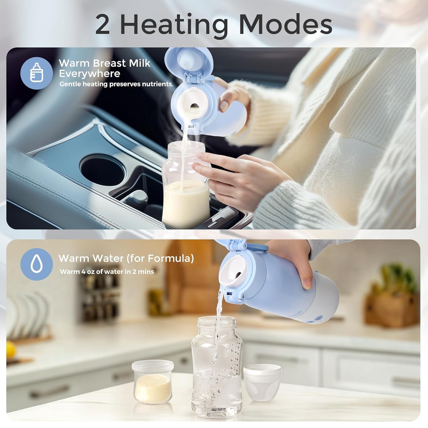 Portable Bottle Warmer for Travel, Dual Heating Modes for Breastmilk & Water, Portable Bottle Milk Warmer with Fast Heating & Long Battery Life, 12 Ounces Large Capacity (Blue)