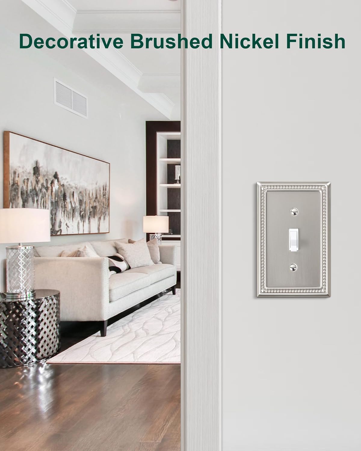 4-Pack Single Toggle Light Switch Cover Plate, Pearls Decorative Switch Plate Covers, Brushed Nickel 1 Gang Metal Wall Plate